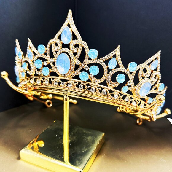 Gold Tiara and Crown for Women, Crystal Queen Crown, Baby Blue Princess Tiara - Picture 2 of 5